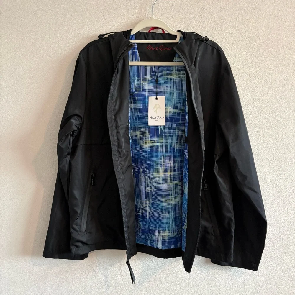 NWT Robert Graham Windbreaker Jacket Coat Full-Zip Hooded Men’s Medium Black